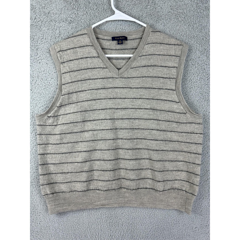 Club Room Sweater Vest Mens XL Gray Striped 100% Merino Wool Pullover Classic